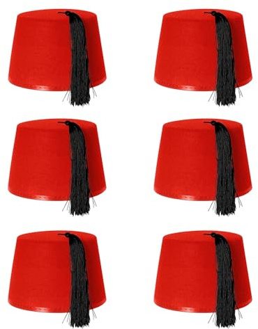 Fez Hut rot Kostümzubehör Kappe rot mit schwarzer Quaste, Unisex, Filzhut für Herren und Damen, 6 Stück
