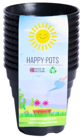 Happy Pots Pots de Fleurs 7,5 cm (Lot de 10) – Pots en Plastique Noir pour intérieur et Jardin – Légers, durables, recyclables avec Trous de Drainage – Fabriqués au Royaume-Uni