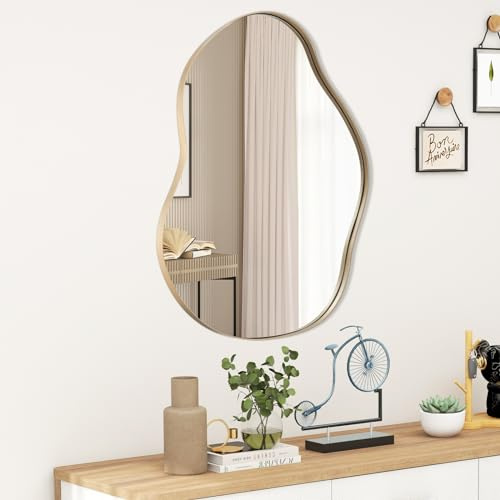COSTWAY unregelmäßiger Wandspiegel, asymmetrischer Spiegel, gerahmter Hängespiegel, moderner Kosmetikspiegel Wand, dekorativ für Flur Badezimmer Schlafzimmer (Golden, 78 x 56 cm)