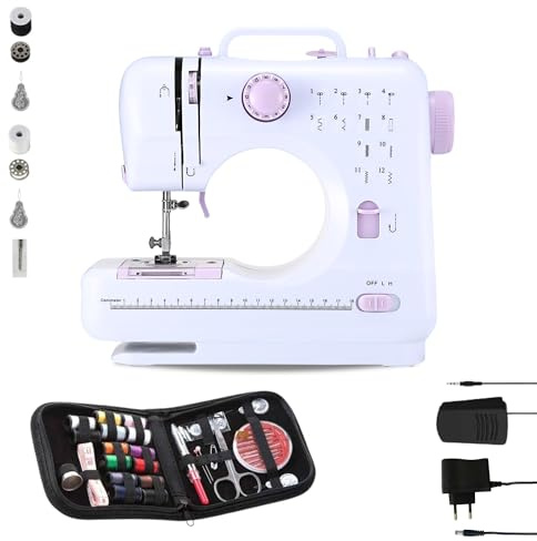 Máquina de Coser Portátil con 2 Velocidades y 12 Puntadas, Pedal, 2 Carretes, Aguja de Recambio, Cortador de Hilo y Luz de Trabajo, Funciona con Cable o (Pilas AA no incluidas) + Kit de Costura.