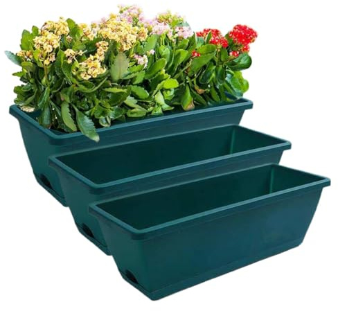 pdodo Juego de 3 maceteros, jardineras rectangulares con platillo, perfectas para alféizar de ventana, balcón, jardinera estrecha para interiores, macetas y hierbas