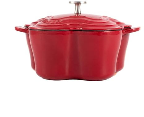 LVYUDS Herzform Dutch Oven, Emailliert Gusseisen Topf Doppelte Griffe Induktion Kocher Kompatibel Geeignet Suppe Eintopf Ideal Geschenk für Köche (Color : Red, Size : FLOWERS_22CM)