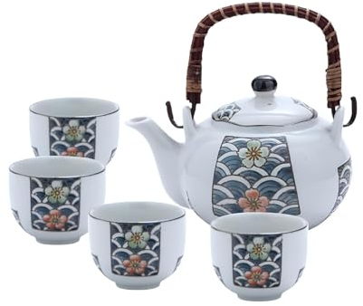 YoeEoay Japanisches Porzellan Teeservice Weiß Blau Mit Blumenmuster - Tee-Set Inkl. Teekanne Rattan Griff - 5er Set Für Authentische Teezeremonien & Entspannung. Asiatisches Teeservice