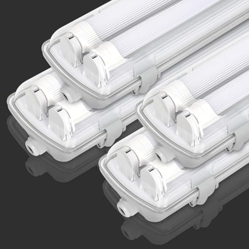 Fiqops 4 Stück Feuchtraumleuchte LED 150cm 2 X 24W 4800lm Wannenleuchte Neutralweiß 4500K IP65 Wasserfest Feuchtraumlampe Doppelt T8 LED Röhre,Röhrenlampe Werkstattlampe für Garage Keller Büro