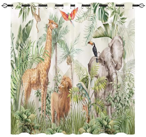 YUANZU Safari Tiere Vorhänge Tropisch Giraffe Löwe Elefant Ösen Gardinen mit Blickdichte Vorhang Kälteschutz Blackout Curtain Kinderzimmer Schlafzimmer Verdunkelung Fenster, 2 Stück, H 213 x B 132 cm