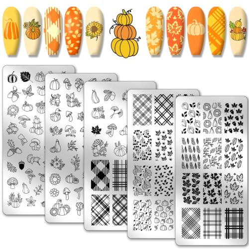 PH PandaHall Herbst Winter Thema Nagel Stempel Platten 126 Muster Edelstahl-Nagelschablone 5 Stück Kürbis Ahorn Nail Art Platte für Weihnachten Herbst Winter Thanksgiving Day Nail Art Design 12x6cm
