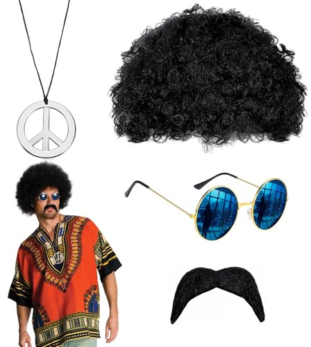 QSZHSL 4er Hippie Kostüm Perücke Zubehör, Afro Perücke, 70er 80er Jahre Verkleidung Hippie Outfit, Herren Perücke, Sonnenbrille Halskette Schnurrbart Zubehör für Cosplay Theme Party Halloween (4 Pcs)