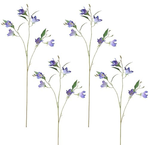 Liuyoyo 4 PCS Artificial Silk Bell Orchid Flowers, Long Stem Campanula Fake Moundlily for Indoor Outdoor Decor, Artificial Flowers Blue and Purple Silk Flower (A)