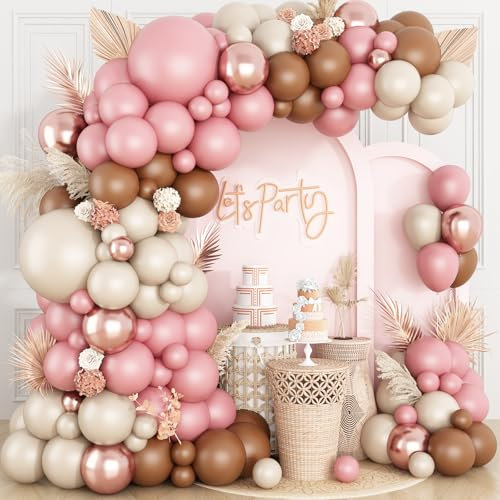 Dusty Pink Balloon Arch,Boho Balloon Garland with Blush Pink and Brown Rose Gold White Sand Balloons for Girl Baby Shower Bridal Valentines Day Wedding Birthday Party Decorations