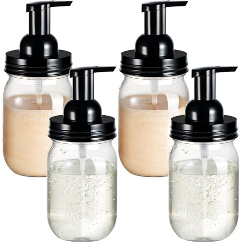 Amolliar Plastic Mason Jar Foaming Soap Dispenser with Pump Lid,16OZ Refillable Hand Soap Dispenser Set with Cute Lables - Farmhouse Decor for Kitchen/Bathroom, Lotion Liquid Dish Soap (4 Pack, Black)