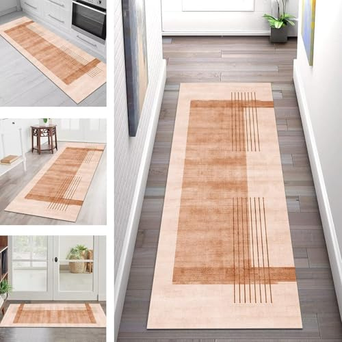 Teppich Läufer Lang Flur Küche Teppichläufer Rutschfest Waschbar Küchenläufer Teppichmatten Braun Orange Schmutzfangmatte 80X300CM Meterware Flurteppich Wohnzimmer Schlafzimmer Küchenteppich