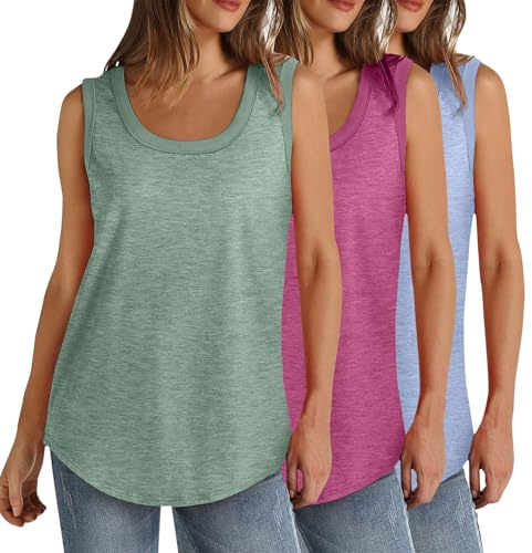 3 Pack Vest Tops Women UK Loose Fit Sleeveless Tank Tops Cotton T Shirt Cotton Tops Ladies Scoop Neck Tops Loose Fit Curve Hem T Shirt Casual Tee Shirts Ladies Swing Tank Tops UK Size 8-22