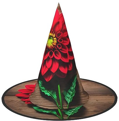 SDFHU Holzbrett Retro Blume Rot Dahlie Druck Party Hut Halloween Karneval Hexen Hüte für Mottopartys Cosplay Urlaub Dekor