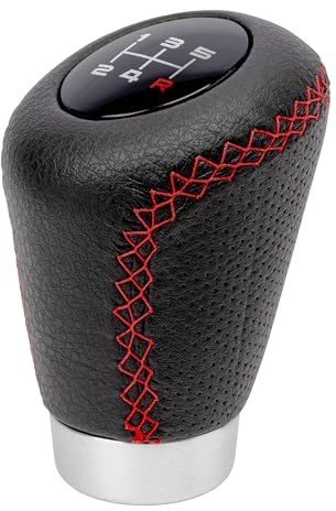 +PWR Car Parts Pomello universale del cambio Modello OEM Sport Corto Similpelle microforata nera con cuciture rosse. Grilletto da 27 mm. Con schemi di cambio intercambiabili.