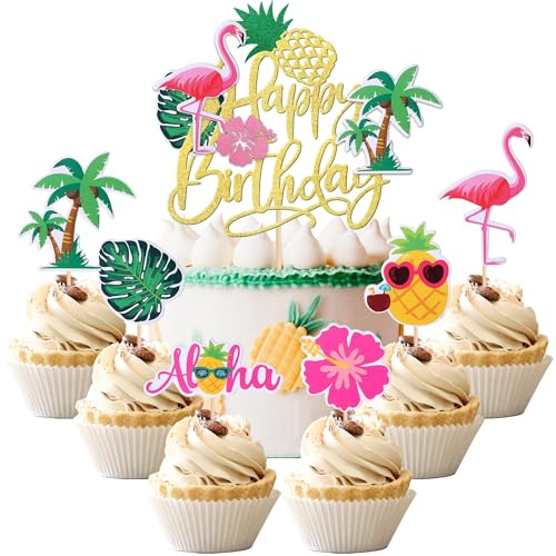 Sommer Tortendeko, 25 Stück Pool Strand Kuchendeko Geburtstag, Sommer Cupcake Topper Voller Energie Sommer Happy Birthday Tortendeko für Sommerstrand Thema Partyzubehör