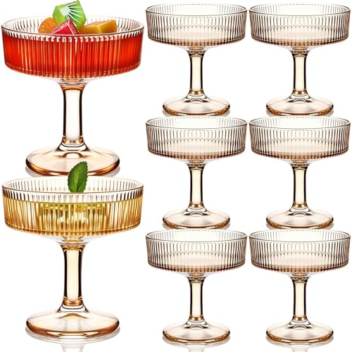 Teenyyou 8 Pcs Ribbed Vintage Coupe Glasses 7 oz Martini Glasses Champagne Coupe Classic Cocktail Glassware Reusable Ribbed Glassware for Cocktail Martini European Style (Champagne Pink)