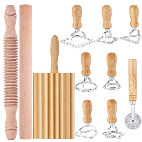 11 Piece Pasta Making Tool Set with Ravioli Maker Cutter Stamp Dough Roller Gnocchi Board Rolling Pin Pasta Maker Tools for Lasagna Pierogi Premium Quality Stainless Steel and Wood