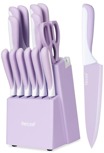 hecef 14-delars kökskniv set med knivblock och integrerad slipsten – Knivar i rostfritt stål, anti-häftbeläggning, diskmaskinsäker, ergonomiska handtag (lila)