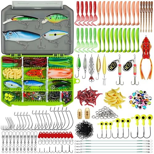TRUSCEND Complete Fishing Lures - Tackle Box with Tackle Included - Crankbaits, Minnows, Frogs, Vibes, Poppers, Spinners, Spoons, Soft Baits, Fishing Gifts Accessories Kit for Bass Trout