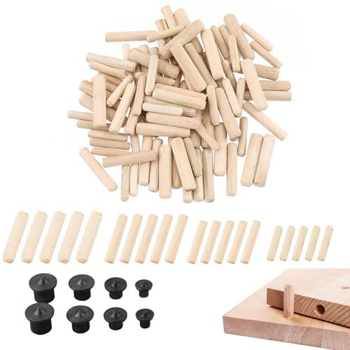 Kit Tasselli per Lavorazione Legno,Tasselli e Tenoni Centrali di Trasferimento Punto per Mobili,Spine per Mobili Assortimento,700 Perni di Legno Scanalati Dritti con 8 Perni di Centraggio Tokaneit