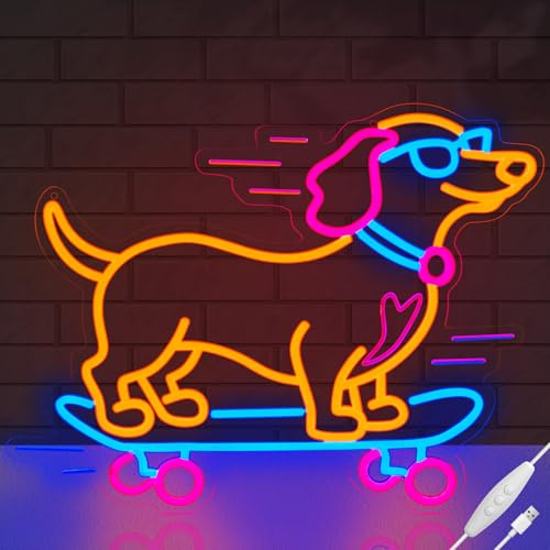LMHSE Dachshund Skateboarding Neon Sign, Skateboard Dog Neon Signs for Wall Decor Cool LED Wall Art Decor, Dimmable Dog Lover Gift for Living Room, Bar, Shop, or Birthday Party