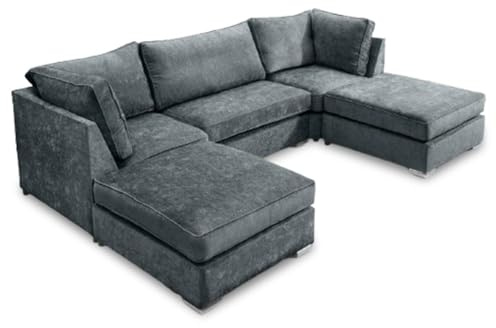 Furniture 786 Corner Sofa - Big U Shape High Back Sofas - Luxury Seated Couch - Durable Chenille Fabric Settees Plus 2 Footstool - Comfortable Large Seated Couches for Living Room TV Lounge