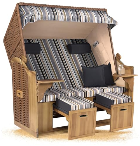 Strandkorb Hanse Ostsee XXL 2,5 Sitzer Volllieger Natur Beige 150cm breit, ideal für Garten, Terrasse und Balkon (Oliv Grau Weiß Gestreift, Montiert)