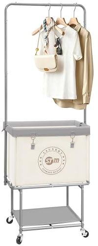 STORAGE MANIAC Rolling Laundry Cart with Hanging Bar & Storage Shelf, 110L Heavy Duty Large Laundry Basket with Clothes Hanging Rod, Study Clothes Hamper with Lockable Wheels, Beige