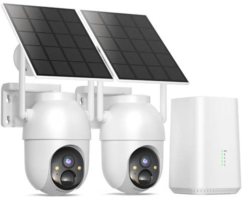 BOOPEX 2K Camera Surveillance WiFi Exterieure sans Fil Solaire à Batterie, 2 Kit Caméra avec Base, Zéro Frais, Stockage Local 32Go, 360° Panoramique, Alerte, Vision Nocturne en Couleur, 2,4/5Ghz WiFi