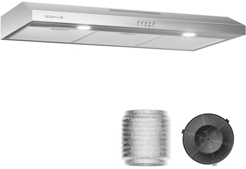 Soonye Under Cabinet Range Hood 36 inch, 250 CFM Exhaust Fan with 3-Speed Control, Stainless Steel, 5-Layers Reusable Aluminum Filter, Convertible Ducted/Ductless, LED Lights and Carbon Filters