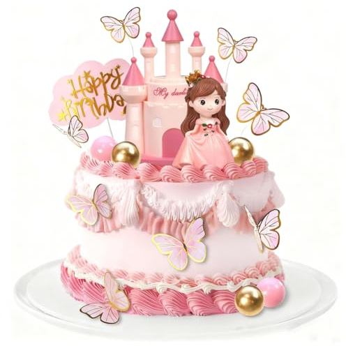 Princess Castle Cake Toppers Decoration, 19pcs Pink Organza Butterfly Balls Happy Birthday Cake Decorations, Princess Castle Cake Decorations for Baby Shower Girl Birthday Party Supplies