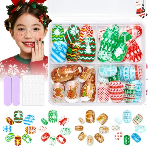 Lot de 96 faux ongles de Noël pour enfants - 4 ongles courts auto-adhésifs - Avec Père Noël, renne, flocon de neige amusant, sûr, facile à utiliser - Design des ongles pour filles - Cadeau de Noël