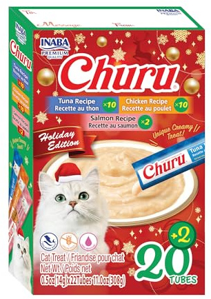 INABA Churu Cat Treats, Lickable, Squeezable Creamy Purée Cat Treat with Vitamin E, 0.5oz Each Tube, 22 Tubes, Holiday Variety Pack