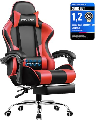 GTPLAYER Bürostuhl Gaming Stuhl Massage Gaming Sessel Ergonomischer Gamer Stuhl mit Fußstütze, Gepolstert Gaming Chair, Drehsessel 150KG, rot