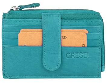GRESEL Portacarte Portafoglio Sottile Unisex in Vera Pelle, Tasca Zip Monete & Banconote, Turchese