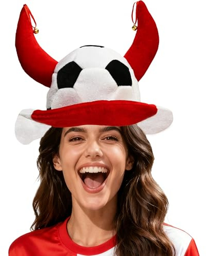 Novelty Football Horn Hat, Fun Plush Supporter Party Cap with Red Bull Horns for Sports Games, Match Day Fancy Dress Accessory