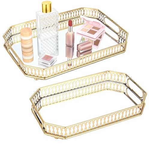 INTERWARM 2 bandejas de perfume doradas, bandeja decorativa de espejo de 2 tamaños con asas, organizador decorativo de perfume y maquillaje con asas para tocador, baño o exhibición de joyas