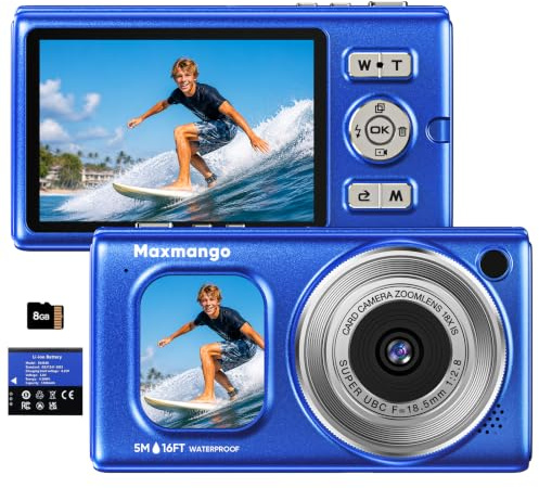 16FT Macchina Fotografica Subacquea, 4K 48MP Batteria Rimovibile 1500mAh | Maxmango D71 Fotocamera Impermeabile con Doppio Schermo, Zoom 18X, Autofocus per Snorkeling e Nuoto Surf, Blu(8GB）