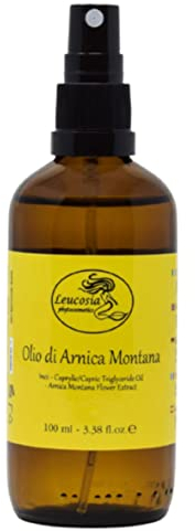 Leucosia Olio di Arnica Montana Naturale, 100ml, Olio per Massaggio Sportivo e Rilassante, Decontratturante, Riscaldante, Sollievo Muscolare e Articolare, Texture Secca, Vegan, Made in Italy