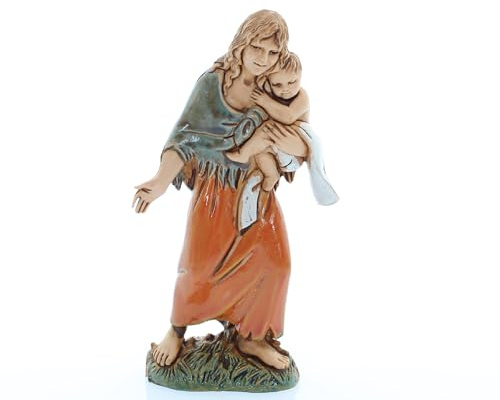 Moranduzzo Zigeunerin mit Kind H 9,1 cm für 10 cm Krippe – Standard 10 – Maßstab 1:20 – Unzerbrechliche Figur, Stil '700, Handbemalt, Bildhauer M. Landi