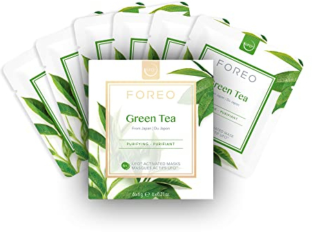 FOREO Green Tea, maschera viso UFO per pelle grassa e imperfezioni, confezione con 6 unità, antiossidante, idratante, tè verde ed estratto di Ulmus, naturale e cruelty free, compatibile con UFO/UFO 2