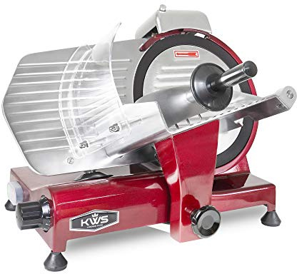 KWS MS-10XT Premium 320W Electric Meat Slicer 10-Inch in Red with Non-sticky Teflon Blade, Frozen Meat/Deli/Cheese/Food Slicer Low Noises Commercial and Home Use [ ETL, NSF Certified ]