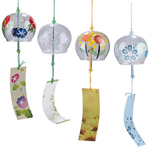 Falytemow, Campane a vento giapponesi piccole, con fiori, fatte a mano, in vetro, da appendere, ideali come regalo di compleanno e decorazione per la casa