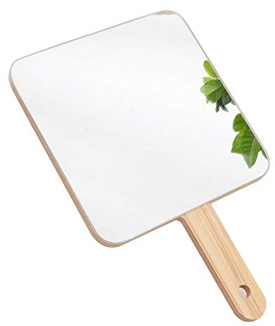 TOF&HAMY Handheld Travel Mirror with Handle, Dressing Table Mirror, Wood Handheld Plain Mirror, Square and Round, Cosmetic Salon Makeup Hand Mirror for Professional Barbers and Hairdressers,19 * 19cm