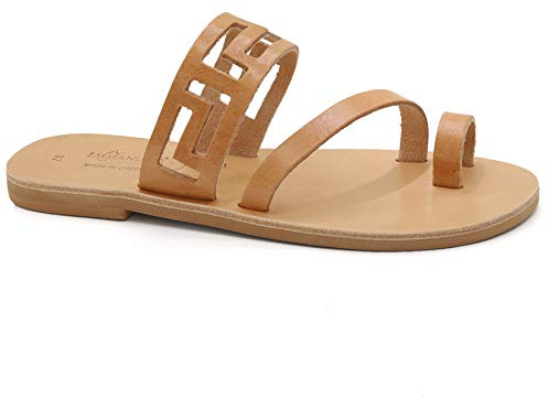 Emmanuela Sandali piatti fatti a mano in pelle greca antica con sandali a meandro, di alta qualità Scarpi estive per le donne, sandali a fianco con dita aperte, beige, 41 EU