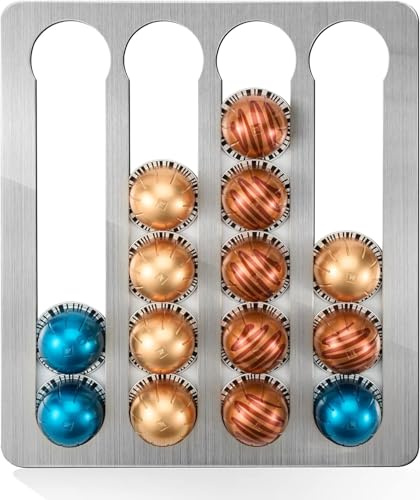 Hsthe Sea Stainless Steel Coffee Pod Holder for Nespresso Vertuo Pods, Adhesive Capsule Organizer for Vertuoline, Suitable for Mount Under Canbinet or On Wall Vertically or Horizontally(Adhesive)