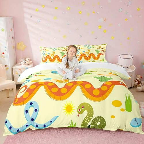 Snake Comforter Sets Twin Size,Cartoon Snake Print Duvet Cover for Kids Teens Adults,Wildlife Animal Bedding Sets 2 Piece,Light Yellow Quilt Cover Set Bedroom Decor Soft with 1 Pillowcase