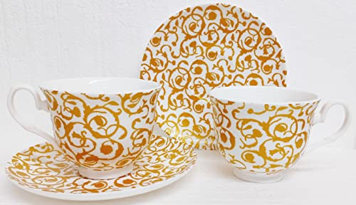 Juego de 2 tazas de té y 2 platillos en relieve de oro antiguo de porcelana de hueso decorado a mano Reino Unido