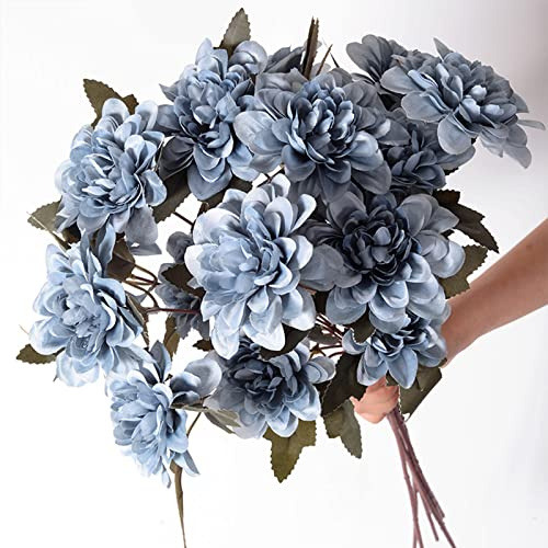 Teahutty Lot de 10 dahlia artificielles en soie, 10 têtes de marguerites bleues avec tige pour maison, fête, mariage