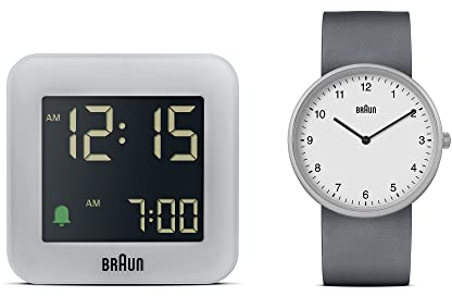 Braun Geschenkset 2-Zeiger Analog Quarzuhr mit weißem Zifferblatt, grauem Silikonkautschukband und Zwei Zeigern Digitaler Reisewecker in Grau, Modell BN0231WHGYG, BC08G (2er Pack)
